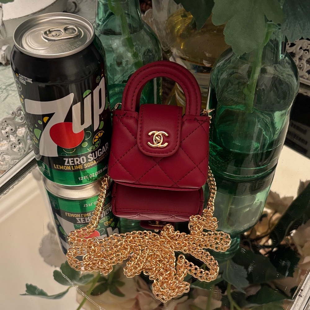 CHANEL Burgundy Quilted Mini Bag Charm with Gold Chain